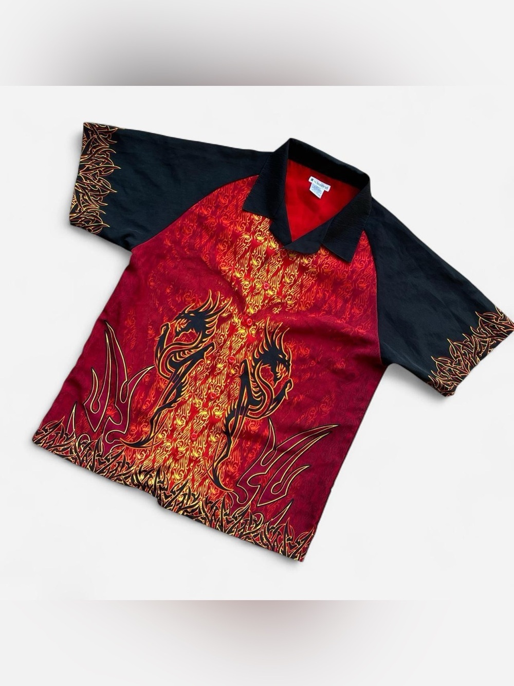 Y2K No Boundaries Red and Black Flame Dragon Bowling Shirt